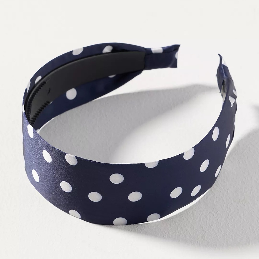 ANTHRO Wide Satin Headband - Navy and White Polka Dot